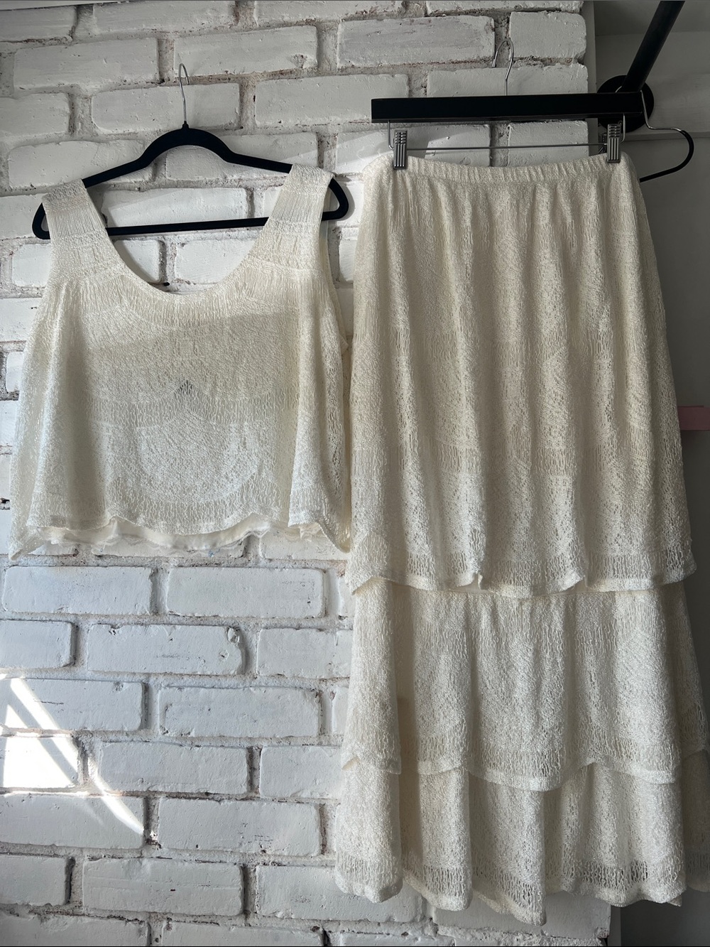 Women's Cream Lace Tiered Maxi Skirt and Crop Top Set